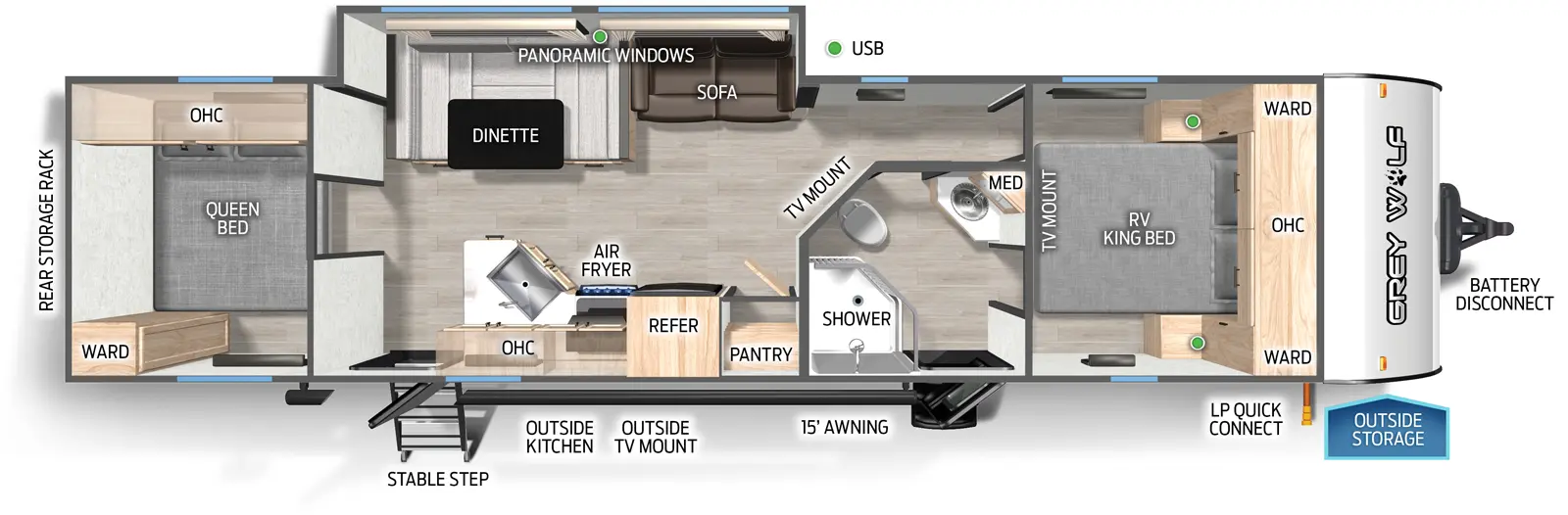 The Cherokee Black Label 29QBBL floorplan has two entries and one slide out. Exterior features include: fiberglass exterior, 15' awning and outside kitchen. Interiors features include: u-dinette, front bedroom, rear bedroom and two bedrooms.